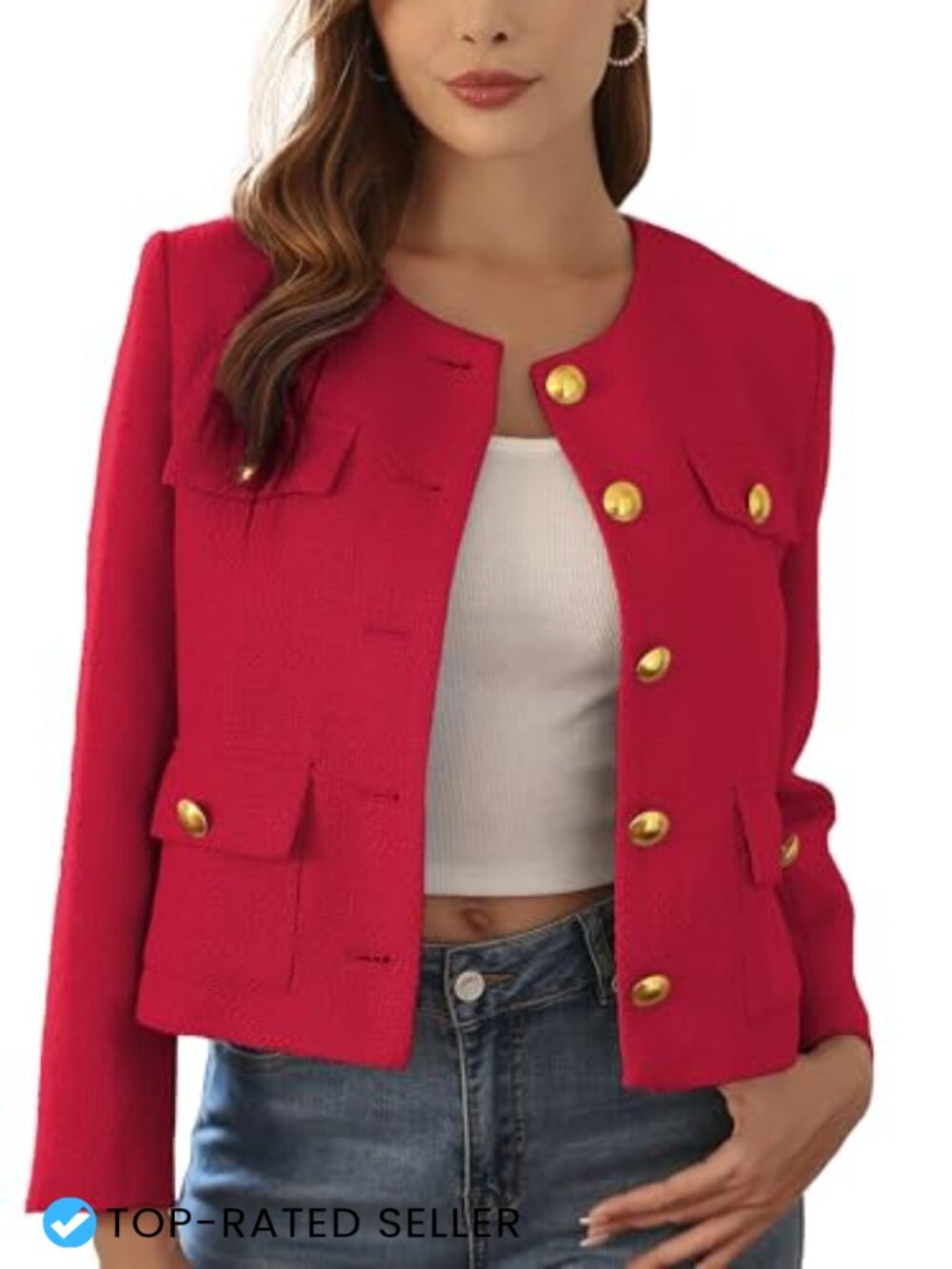Cropped Tweed Blazer Collaredless Gold-Button Lined Pockets Office